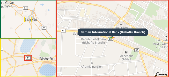 Map showing the address of Berhan International Bank (Bishoftu Branch) in three different zoom levels.