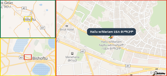 Map showing the address of Hailu w/Mariam ሀይሉ ወ/ማርያም in three different zoom levels.