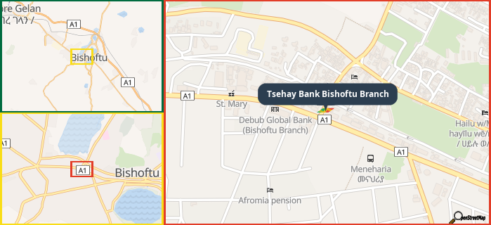 Map showing the address of Tsehay Bank Bishoftu Branch in three different zoom levels.