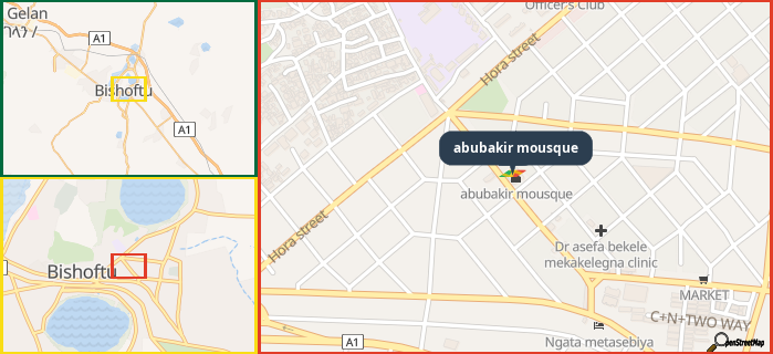 Map showing the address of abubakir mousque in three different zoom levels.