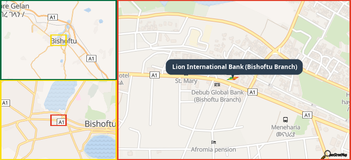 Map showing the address of Lion International Bank (Bishoftu Branch) in three different zoom levels.