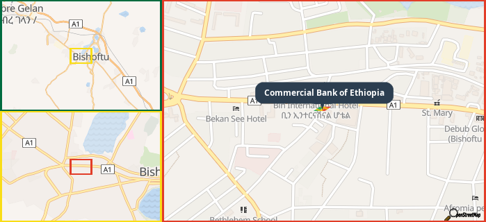Map showing the address of Commercial Bank of Ethiopia in three different zoom levels.