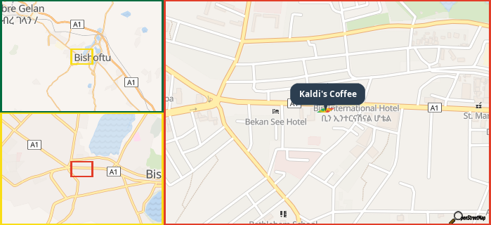 Map showing the address of Kaldi's Coffee in three different zoom levels.
