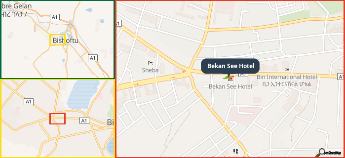 Map showing the address of Bekan See Hotel in three different zoom levels.