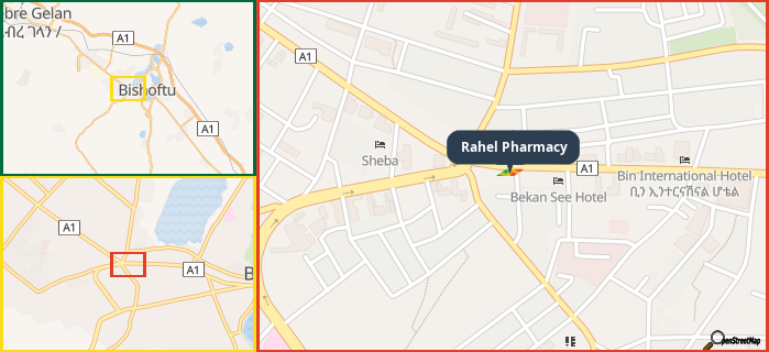 Map showing the address of Rahel Pharmacy in three different zoom levels.