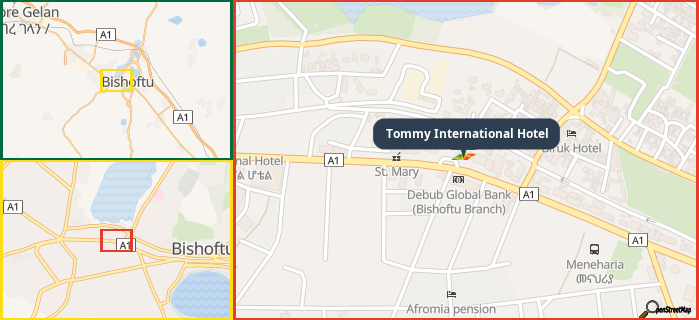 Map showing the address of Tommy International Hotel in three different zoom levels.