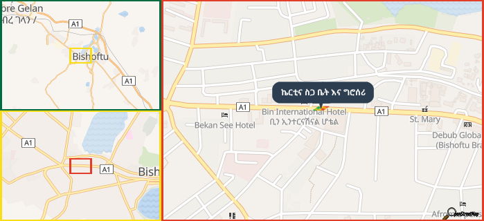 Map showing the address of ኬርቲና ስጋ ቤት እና ግሮሰሪ in three different zoom levels.
