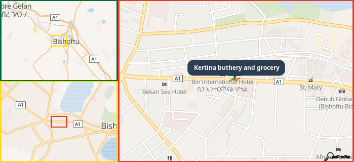 Map showing the address of Kertina buthery and grocery in three different zoom levels.