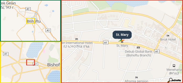 Map showing the address of St. Mary in three different zoom levels.