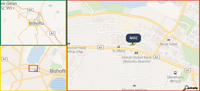 Map showing the address of NOC in three different zoom levels.