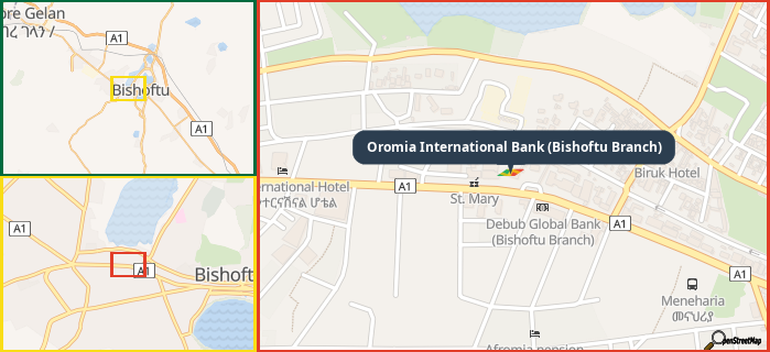 Map showing the address of Oromia International Bank (Bishoftu Branch) in three different zoom levels.