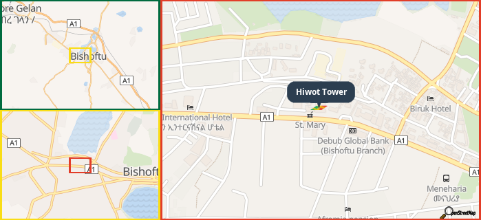 Map showing the address of Hiwot Tower in three different zoom levels.