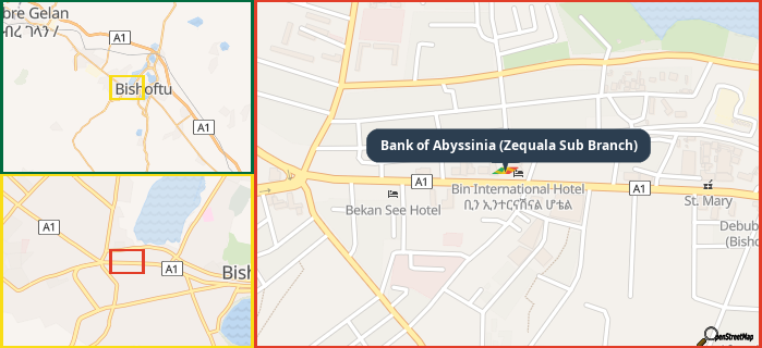 Map showing the address of Bank of Abyssinia (Zequala Sub Branch) in three different zoom levels.