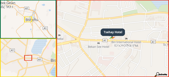 Map showing the address of Tsehay Hotel in three different zoom levels.
