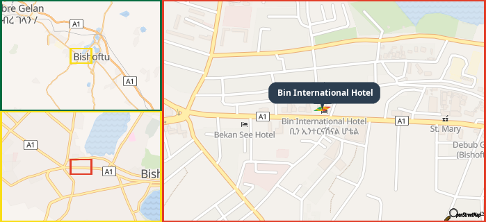 Map showing the address of Bin International Hotel in three different zoom levels.