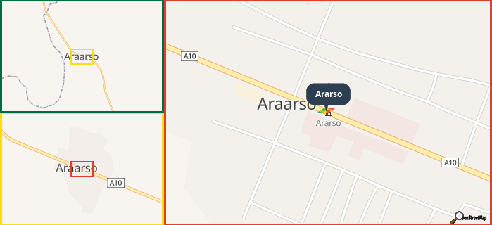 Map showing the address of Ararso in three different zoom levels.