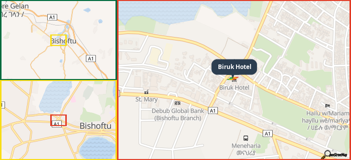 Map showing the address of Biruk Hotel in three different zoom levels.