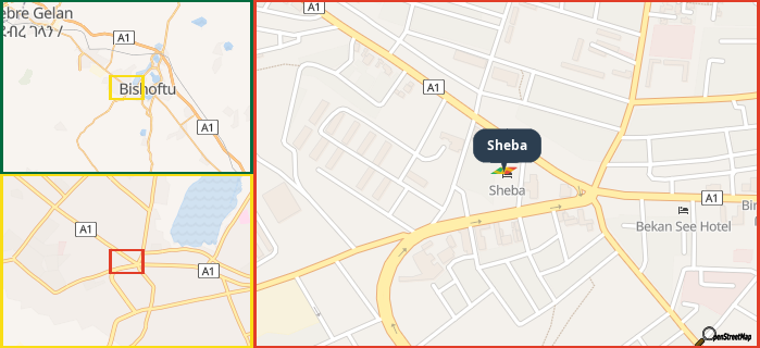 Map showing the address of Sheba in three different zoom levels.