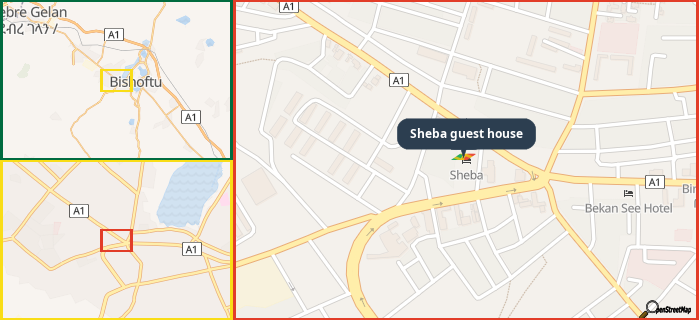 Map showing the address of Sheba guest house in three different zoom levels.
