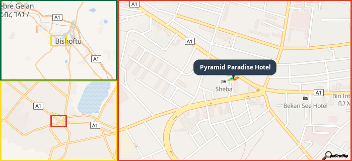 Map showing the address of Pyramid Paradise Hotel in three different zoom levels.