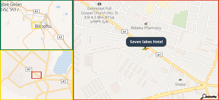 Map showing the address of Seven lakes Hotel in three different zoom levels.