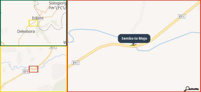 Map showing the address of Sembo to Mojo in three different zoom levels.