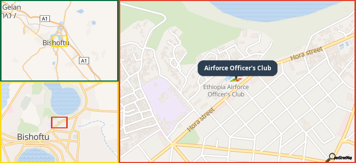 Map showing the address of Airforce Officer's Club in three different zoom levels.