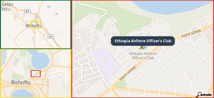 Map showing the address of Ethiopia Airforce Officer's Club in three different zoom levels.