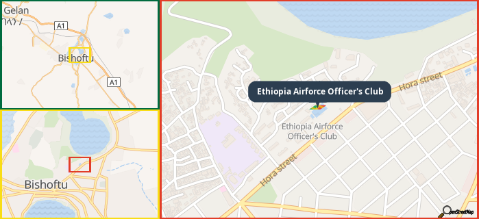 Map showing the address of Ethiopia Airforce Officer's Club in three different zoom levels.