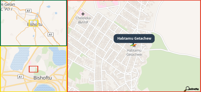 Map showing the address of Habtamu Getachew in three different zoom levels.