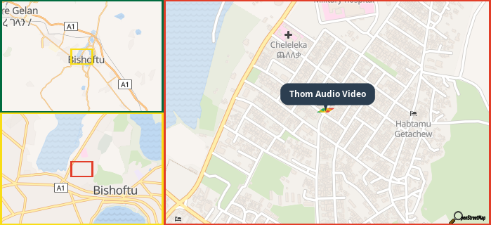 Map showing the address of Thom Audio Video in three different zoom levels.