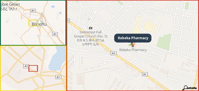 Map showing the address of Rebeka Pharmacy in three different zoom levels.