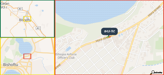 Map showing the address of ውቢት ሽሮ in three different zoom levels.