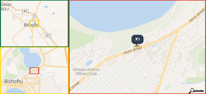 Map showing the address of ጆን in three different zoom levels.