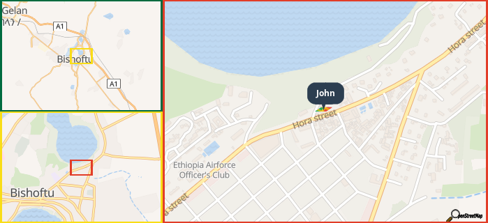 Map showing the address of John in three different zoom levels.