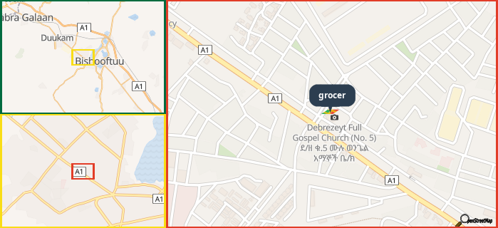 Map showing the address of grocer in three different zoom levels.