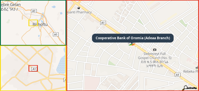 Map showing the address of Cooperative Bank of Oromia (Adeaa Branch) in three different zoom levels.