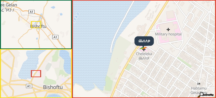 Map showing the address of ጨለለቃ in three different zoom levels.