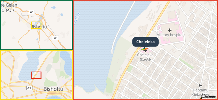 Map showing the address of Cheleleka in three different zoom levels.