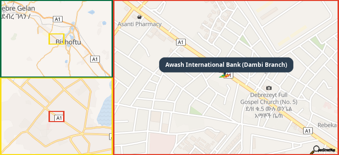 Map showing the address of Awash International Bank (Dambi Branch) in three different zoom levels.