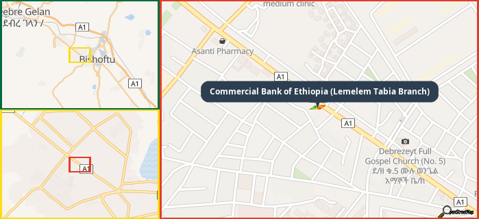 Map showing the address of Commercial Bank of Ethiopia (Lemelem Tabia Branch) in three different zoom levels.
