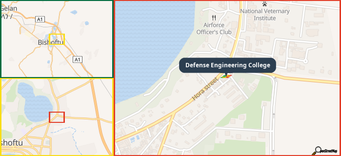 Map showing the address of Defense Engineering College in three different zoom levels.