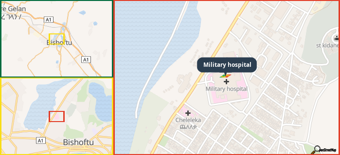 Map showing the address of Military hospital in three different zoom levels.