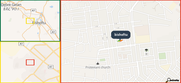 Map showing the address of bishoftu in three different zoom levels.