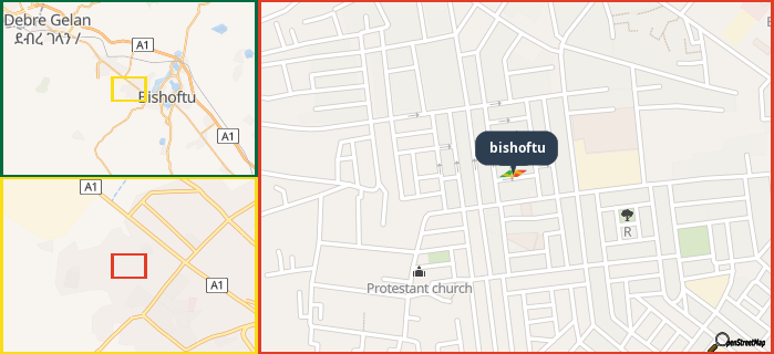 Map showing the address of bishoftu in three different zoom levels.