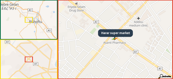 Map showing the address of Harar super market in three different zoom levels.