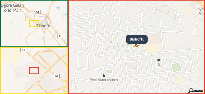 Map showing the address of Bishoftu in three different zoom levels.