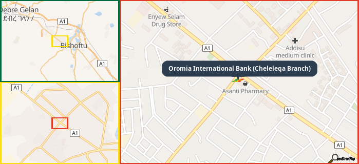 Map showing the address of Oromia International Bank (Cheleleqa Branch) in three different zoom levels.
