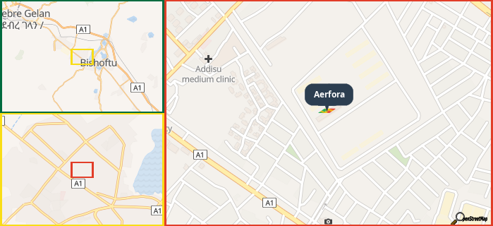 Map showing the address of Aerfora in three different zoom levels.