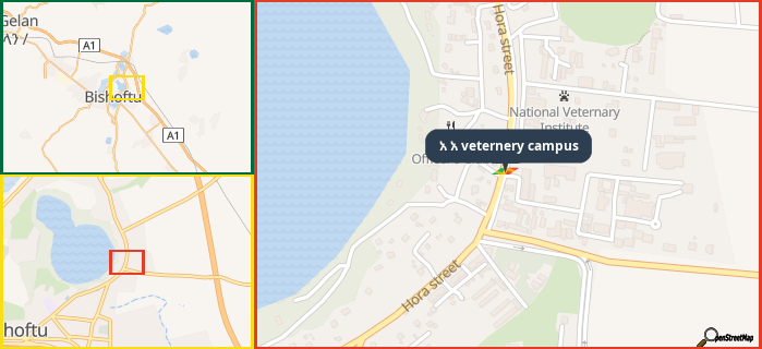 Map showing the address of አ አ veternery campus in three different zoom levels.